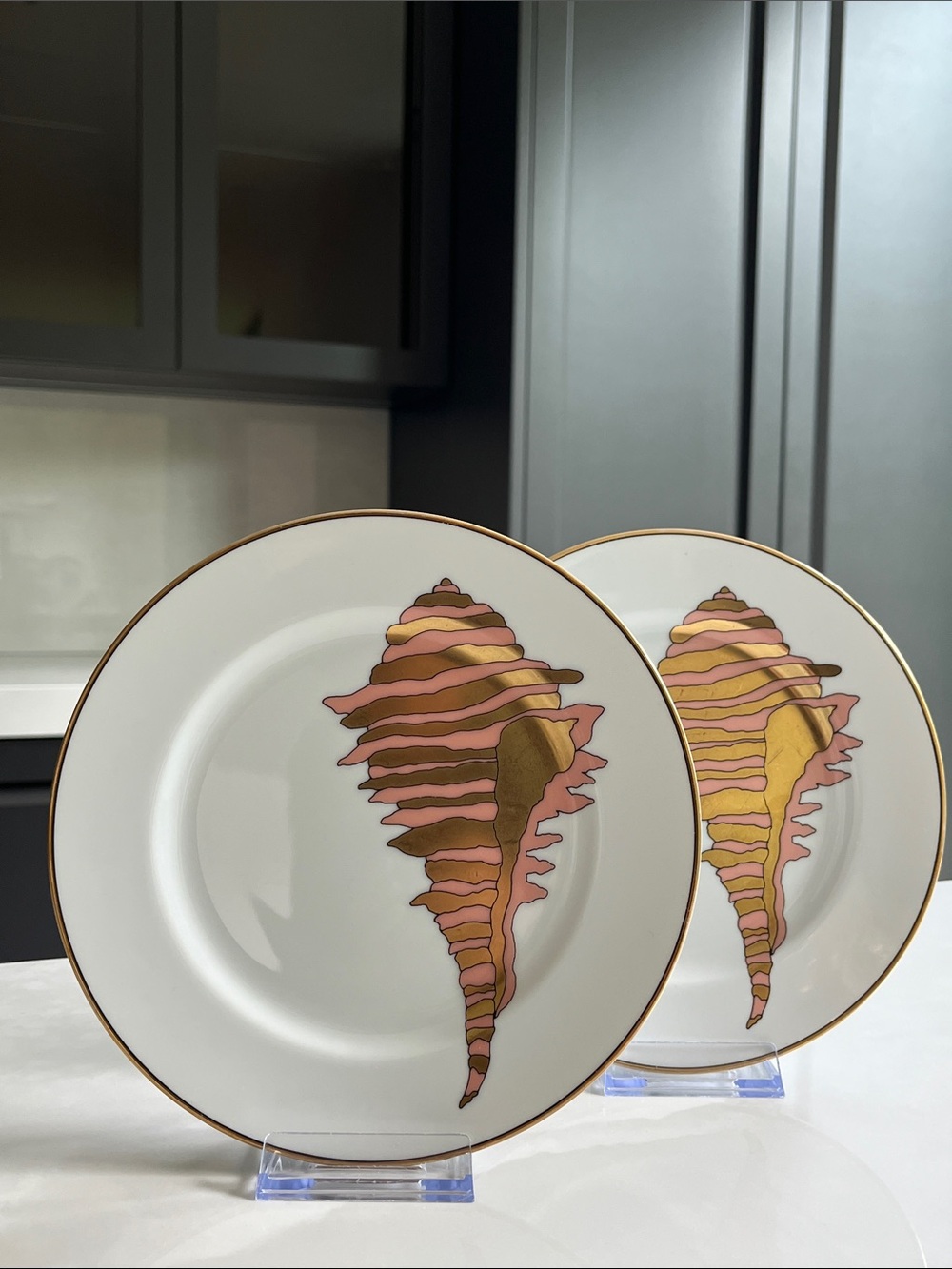 Fitz and Floyd “Coquille d’Or” Shell Plates Set of 2 Pink+Gold Conch 7.5” Plates